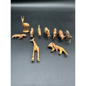 Vintage Hand Carved Wooden African‎ Safari Animal Figurine Lot Set of 10